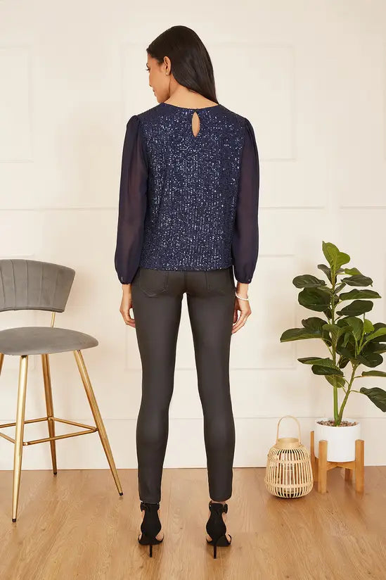 Yumi Navy Sequin Top With Sheer Sleeves - QHA UK