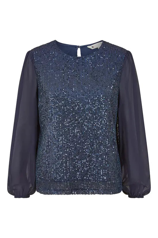 Yumi Navy Sequin Top With Sheer Sleeves