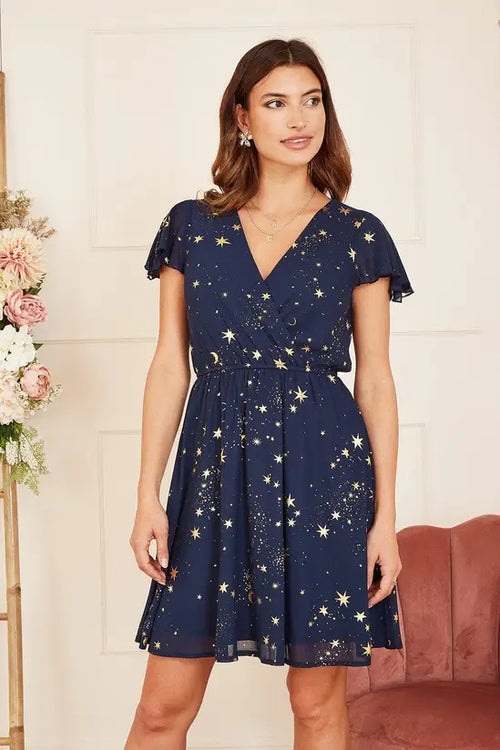 Mela Navy Foil Star Print Wrap Skater Dress - QHA UK