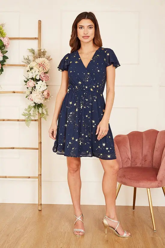 Mela Navy Foil Star Print Wrap Skater Dress - QHA UK