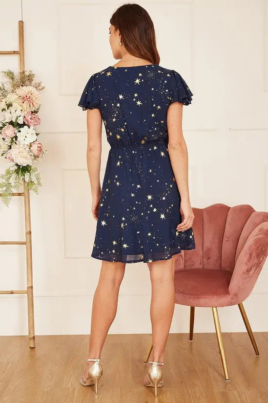 Mela Navy Foil Star Print Wrap Skater Dress - QHA UK