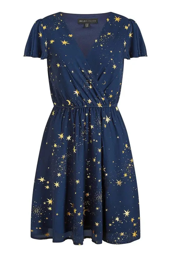 Mela Navy Foil Star Print Wrap Skater Dress - QHA UK