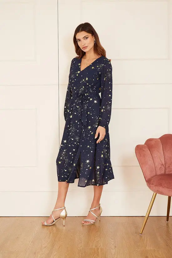 Mela Navy Foil Star Print Long Sleeve Midi - QHA UK