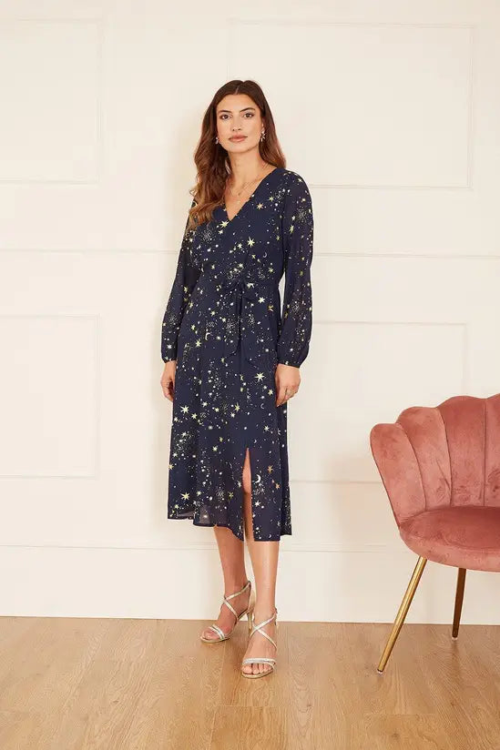 Mela Navy Foil Star Print Long Sleeve Midi - QHA UK