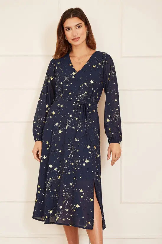 Mela Navy Foil Star Print Long Sleeve Midi - QHA UK