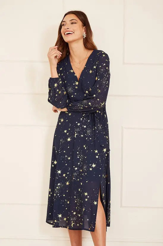 Mela Navy Foil Star Print Long Sleeve Midi - QHA UK