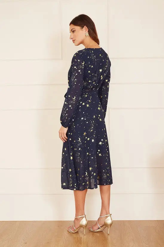 Mela Navy Foil Star Print Long Sleeve Midi - QHA UK