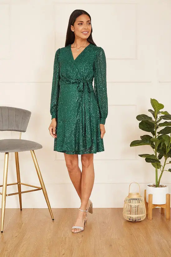 Mela Green Sequin Long Sleeve Frill Wrap Dress - QHA UK
