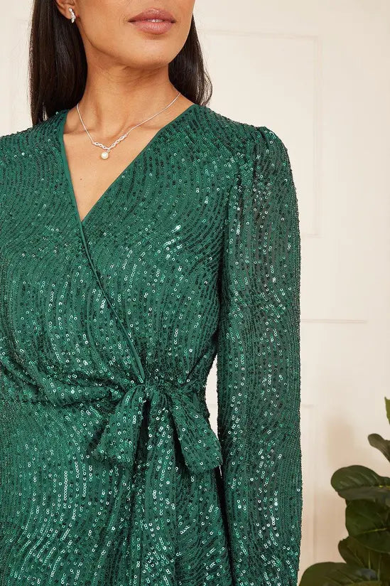 Mela Green Sequin Long Sleeve Frill Wrap Dress - QHA UK