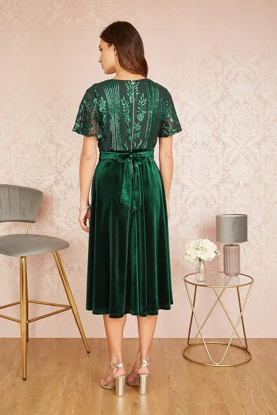 Yumi Green Embellished Velvet Wrap Skater Midi Dress - QHA UK