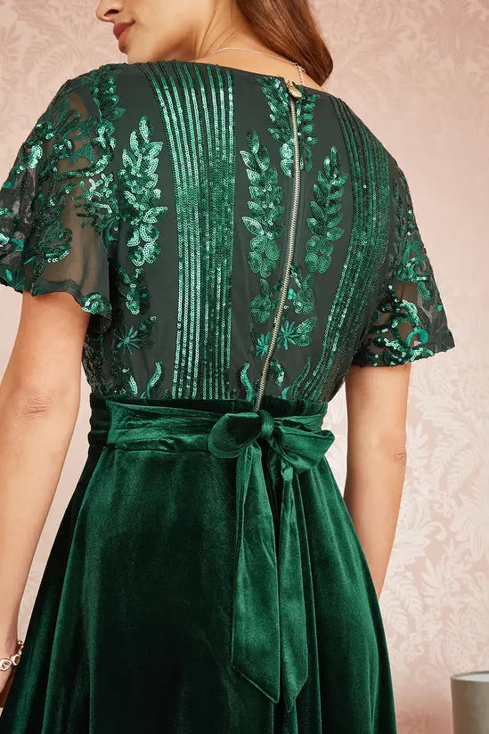Yumi Green Embellished Velvet Wrap Skater Midi Dress - QHA UK
