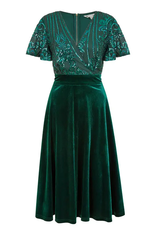 Yumi Green Embellished Velvet Wrap Skater Midi Dress - QHA UK