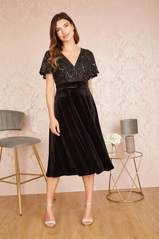 Yumi Black Embellished Velvet Wrap Skater Midi Dress - QHA UK