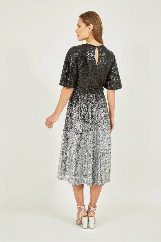 Yumi Black And Silver Ombre Sequin Midi Wrap Dress - QHA UK