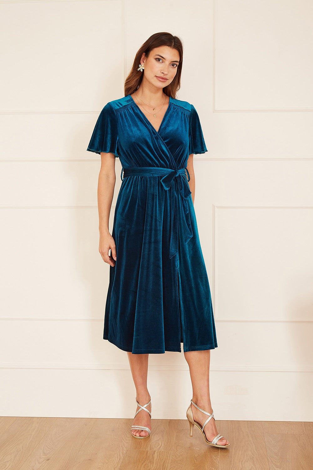 Yumi Teal Wrap Over Midi Dress With Angel Sleeves and Split Hem - QHA UK