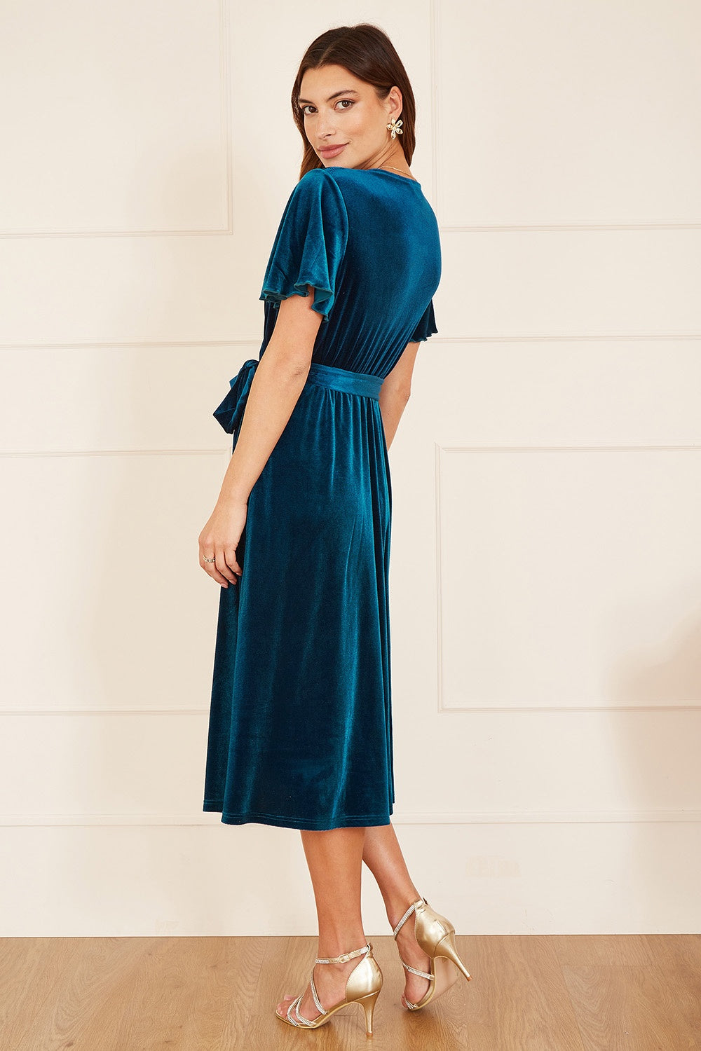 Yumi Teal Wrap Over Midi Dress With Angel Sleeves and Split Hem - QHA UK