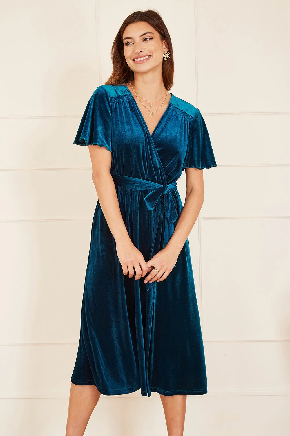 Yumi Teal Wrap Over Midi Dress With Angel Sleeves and Split Hem - QHA UK