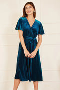 Yumi Teal Wrap Over Midi Dress With Angel Sleeves and Split Hem - QHA UK