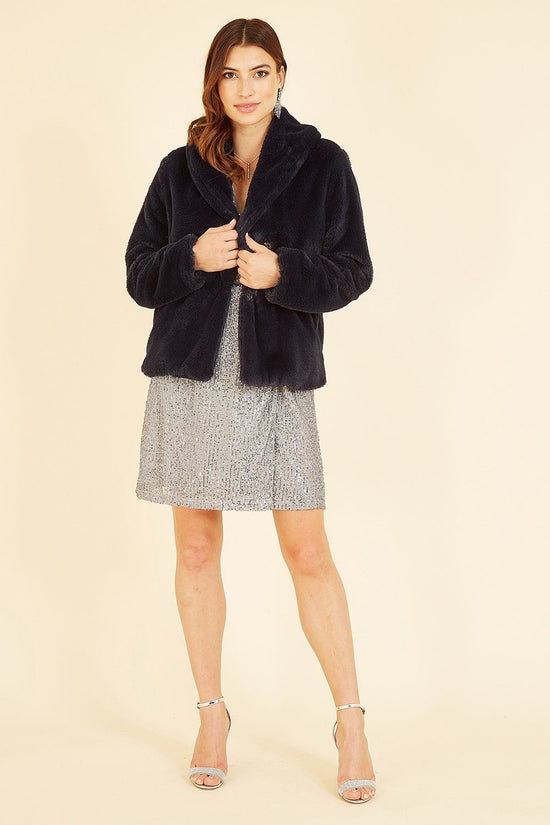 Yumi Black Short Wrap Faux Fur Coat - QHA UK