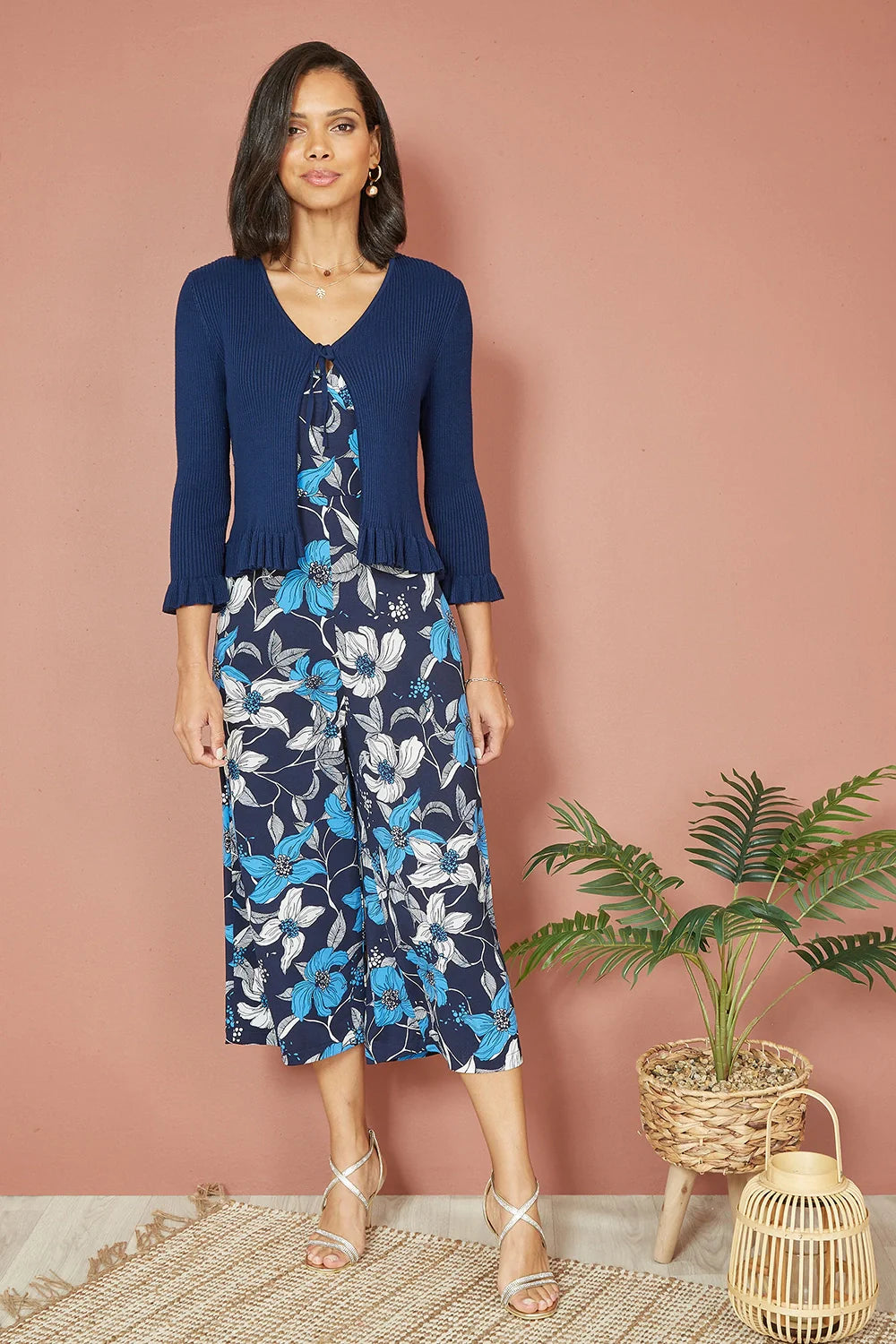 Yumi Navy Tie Up Ribbed Cardigan With Frill Hem - QHA UK