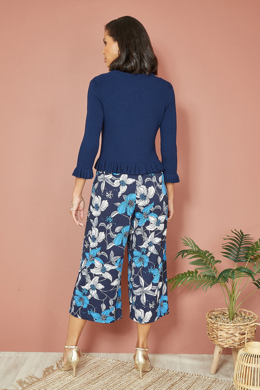 Yumi Navy Tie Up Ribbed Cardigan With Frill Hem - QHA UK
