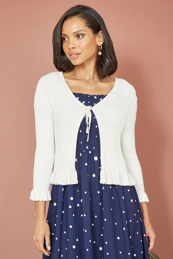 Yumi Ivory Tie Up Ribbed Cardigan With Frill Hem - QHA UK