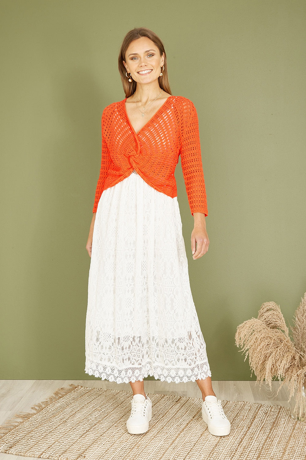 Yumi Orange Cotton Crochet Twisted Bolero Top - QHA UK