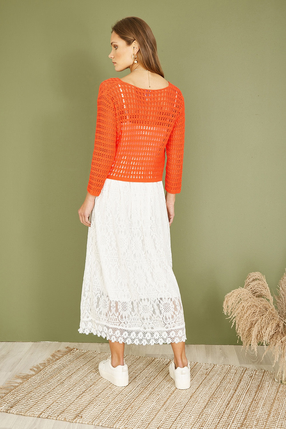 Yumi Orange Cotton Crochet Twisted Bolero Top - QHA UK