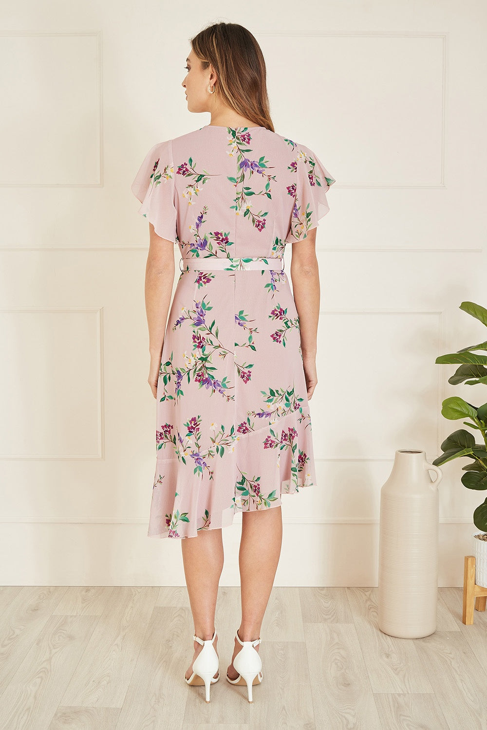 Yumi Blush Wrap Over Midi Dress With Frill Details And Matching Belt - QHA UK