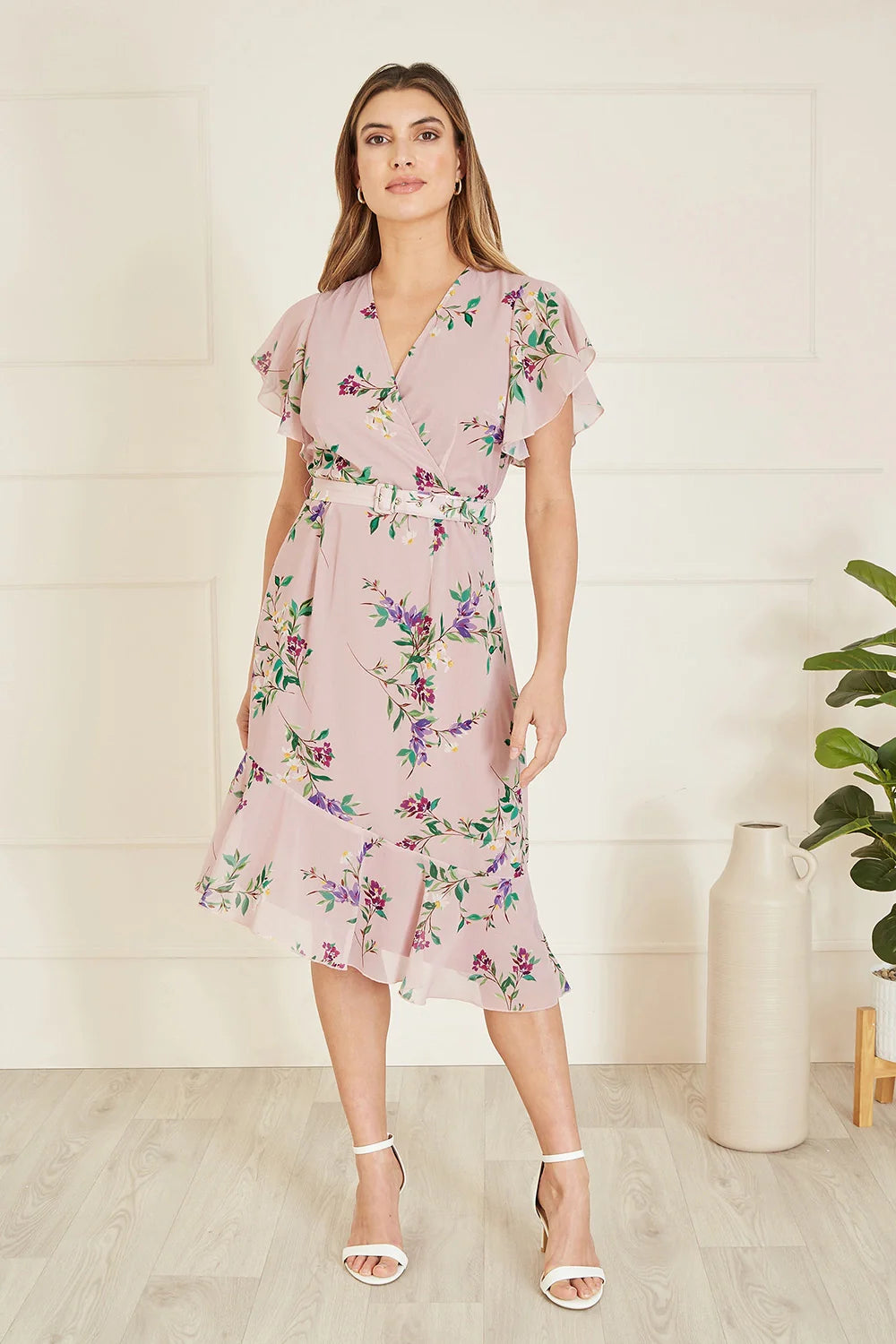 Yumi Blush Wrap Over Midi Dress With Frill Details And Matching Belt - QHA UK