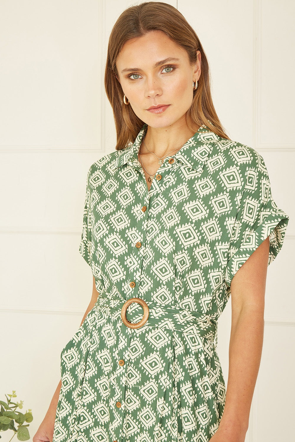Yumi Green Midi Shirt Dress Belted Button Summer Holiday Viscose Dress - QHA UK