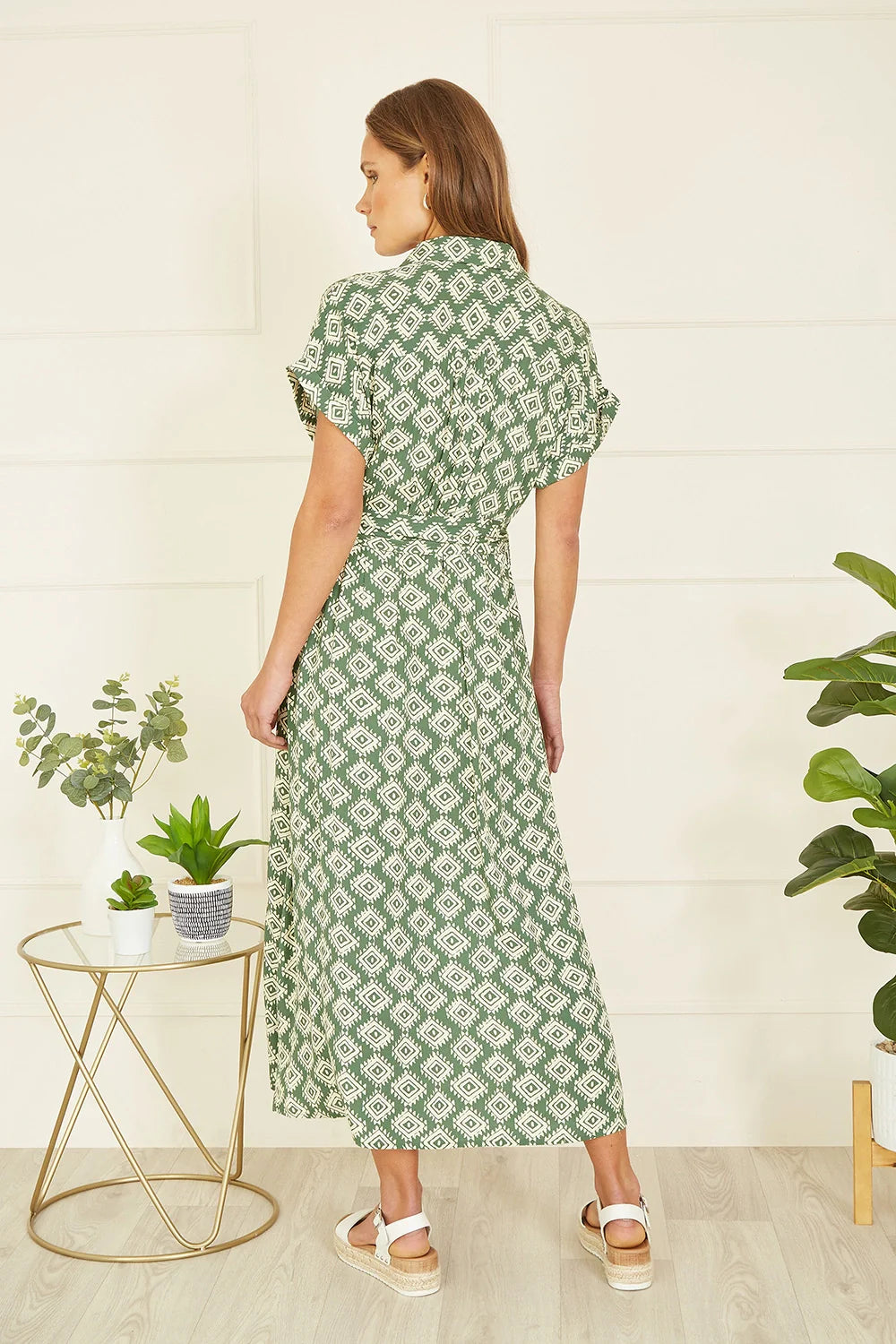 Yumi Green Midi Shirt Dress Belted Button Summer Holiday Viscose Dress - QHA UK