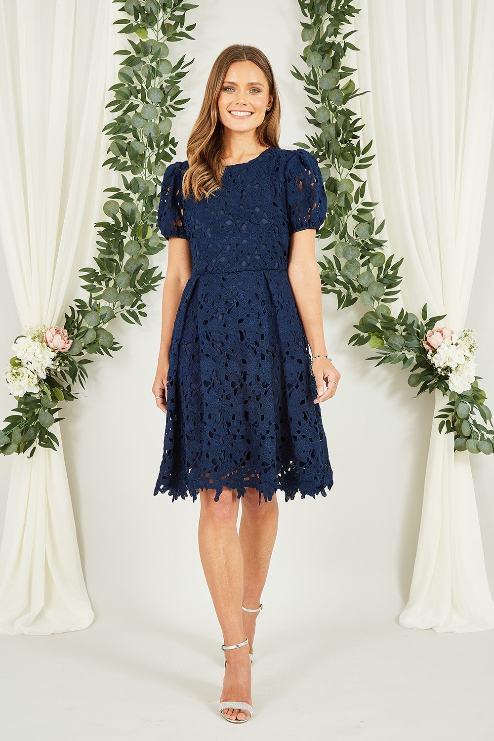 Yumi Navy Lace Skater Dress With Puff Sleeves - QHA UK