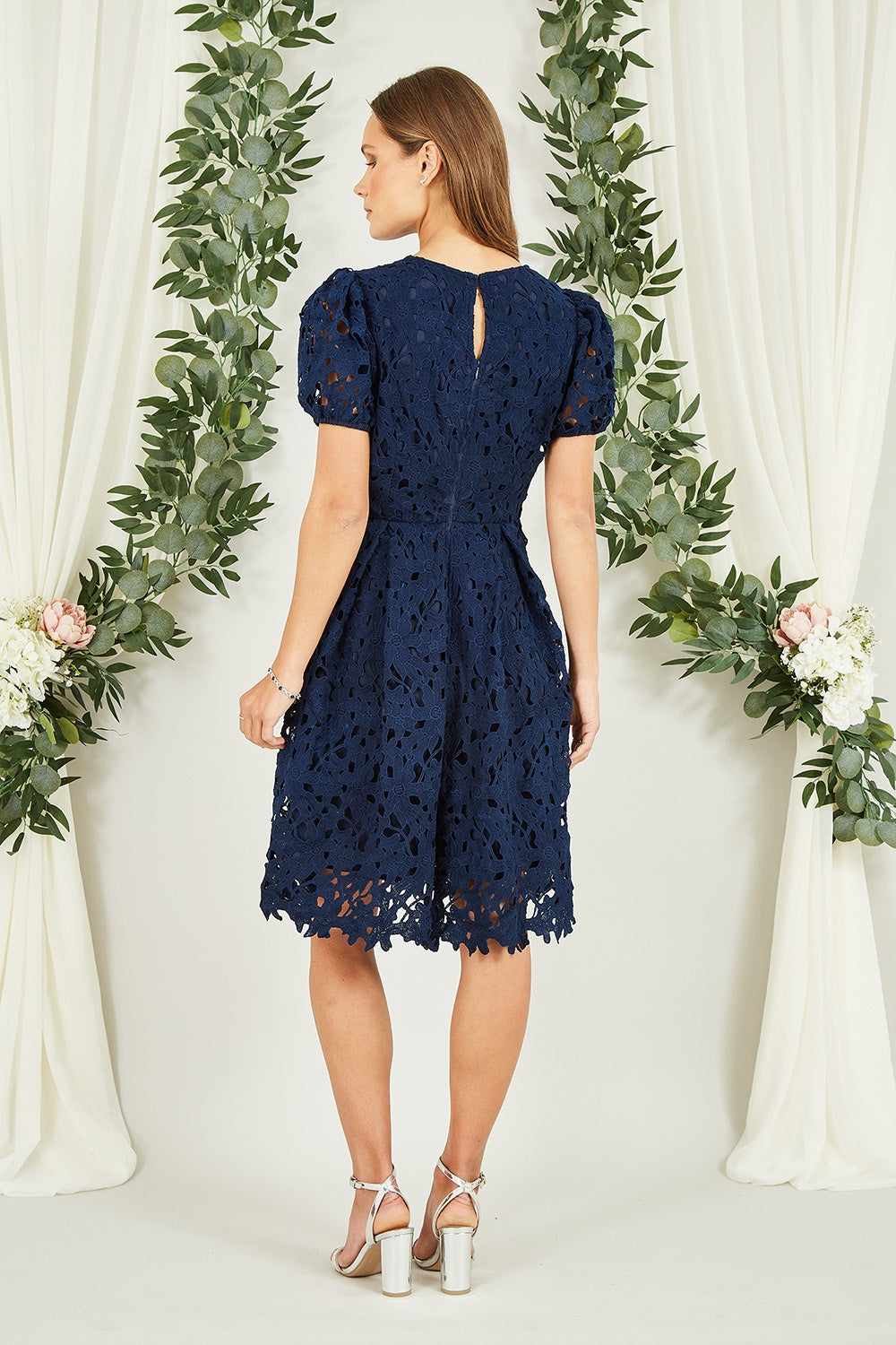 Yumi Navy Lace Skater Dress With Puff Sleeves - QHA UK