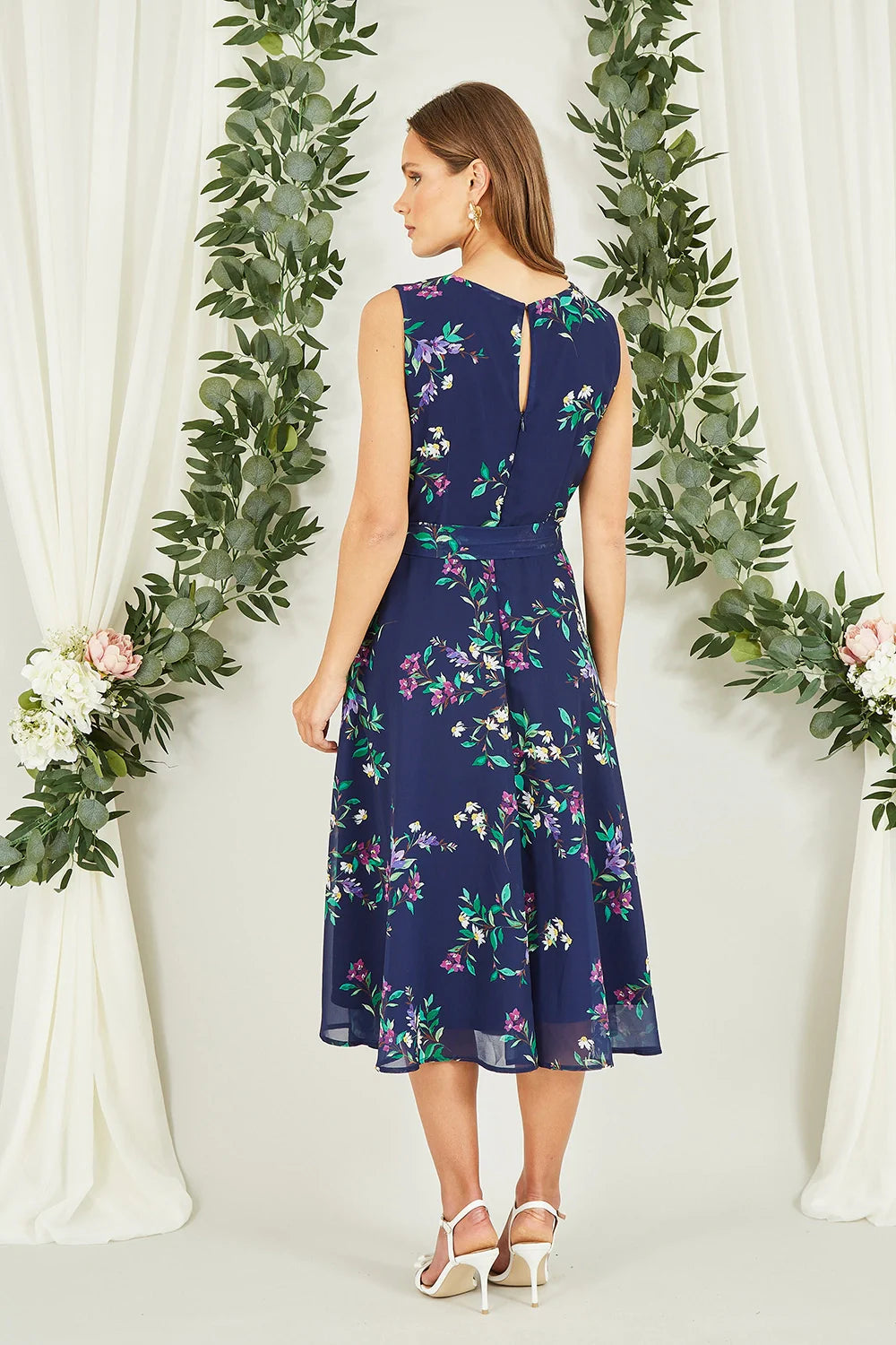 Yumi Navy Floral Print Midi Skater Dress - QHA UK