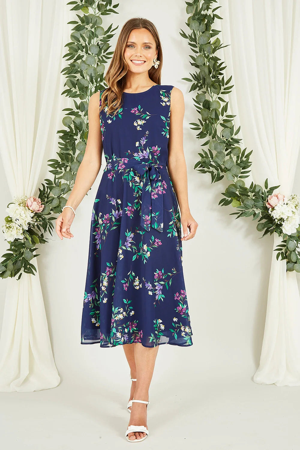 Yumi Navy Floral Print Midi Skater Dress - QHA UK
