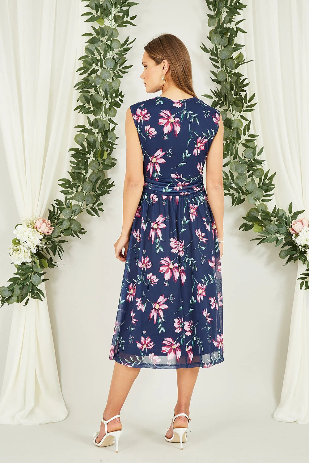 Yumi Navy Floral Print Mesh Stretch Midi Dress With Pockets - QHA UK