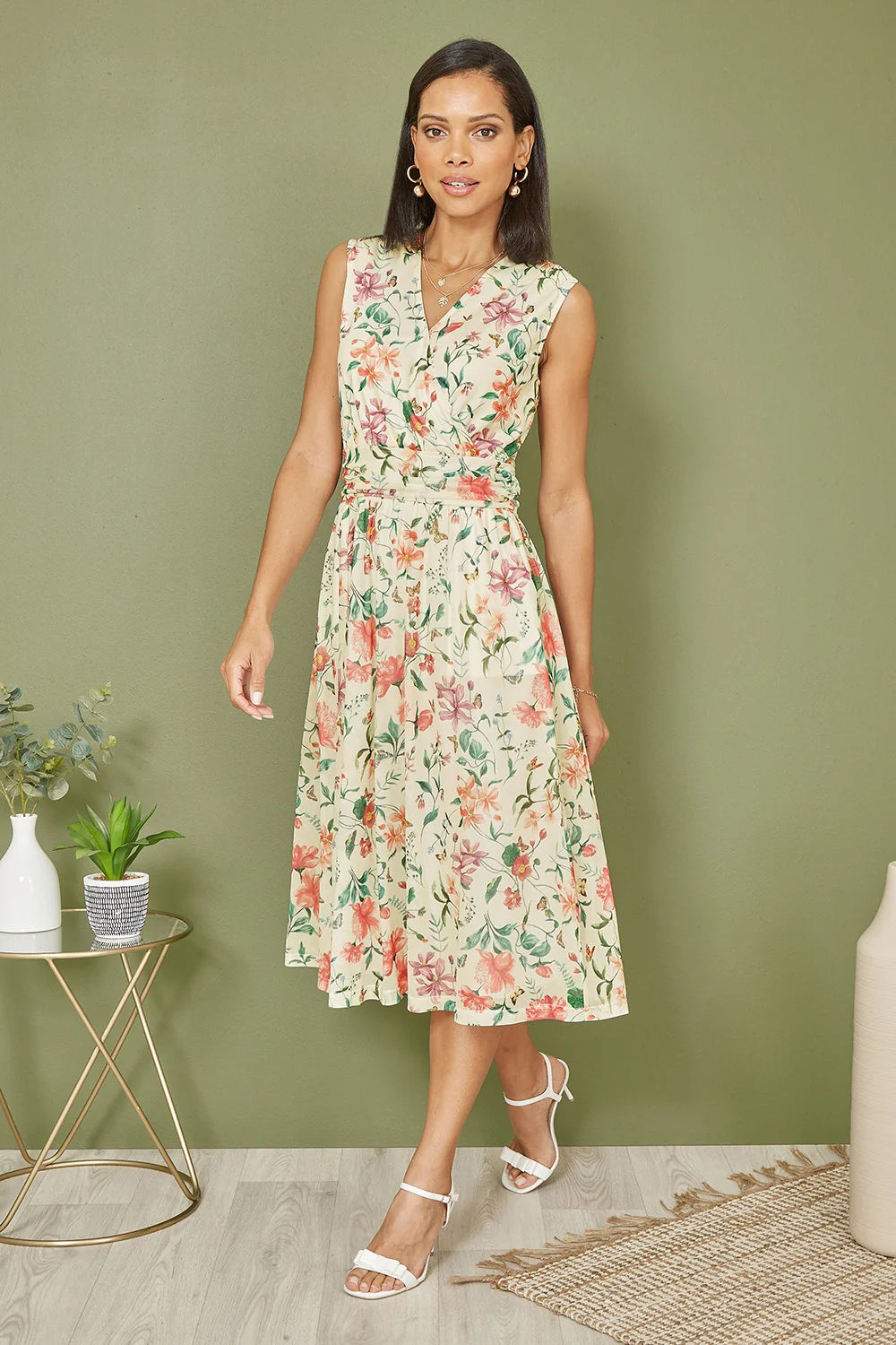 Yumi Ivory Floral Print Mesh Stretch Midi Dress With Pockets - QHA UK