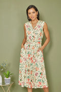 Yumi Ivory Floral Print Mesh Stretch Midi Dress With Pockets - QHA UK