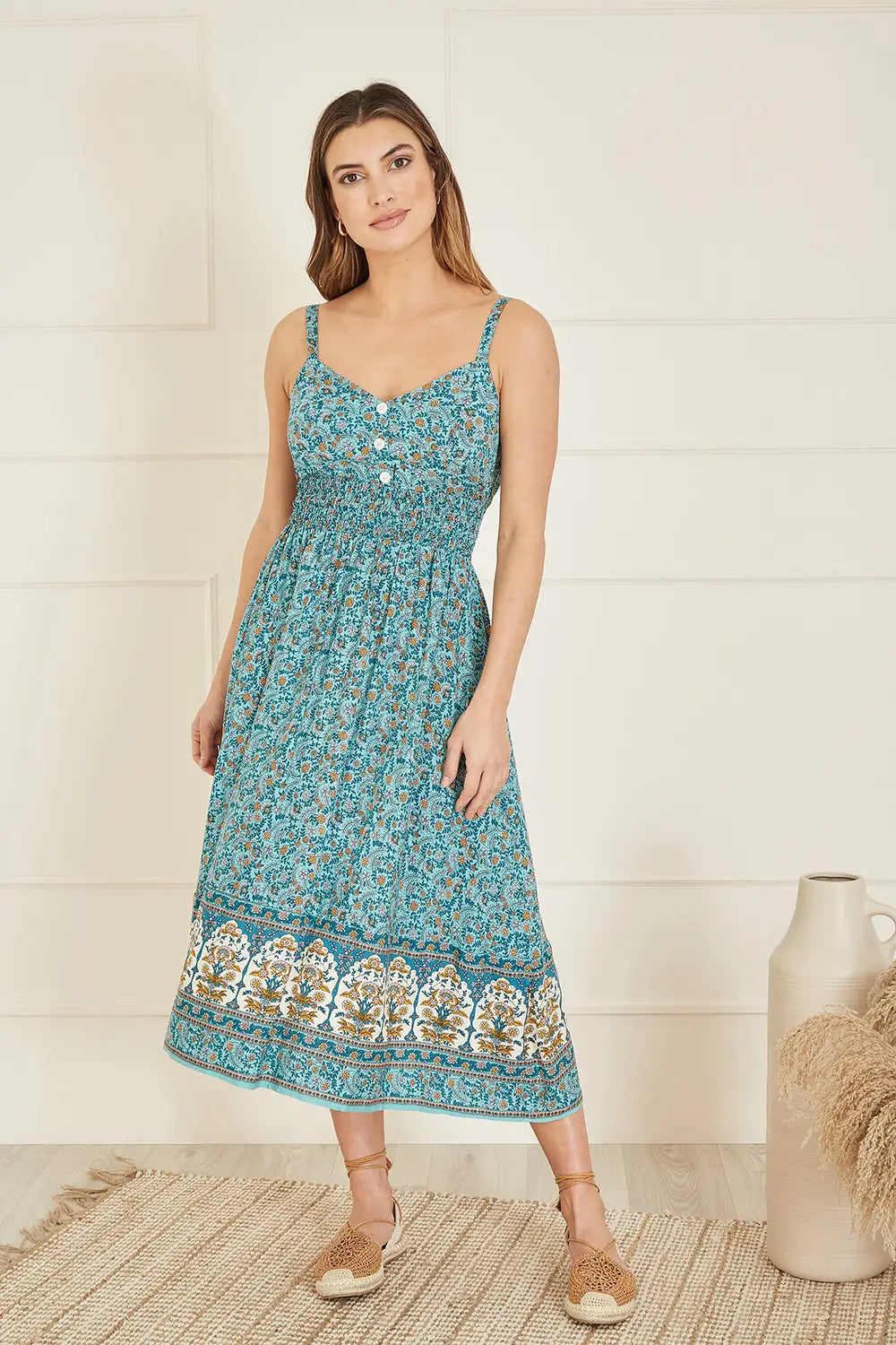 Yumi Green Border Floral Midi Sundress - QHA UK
