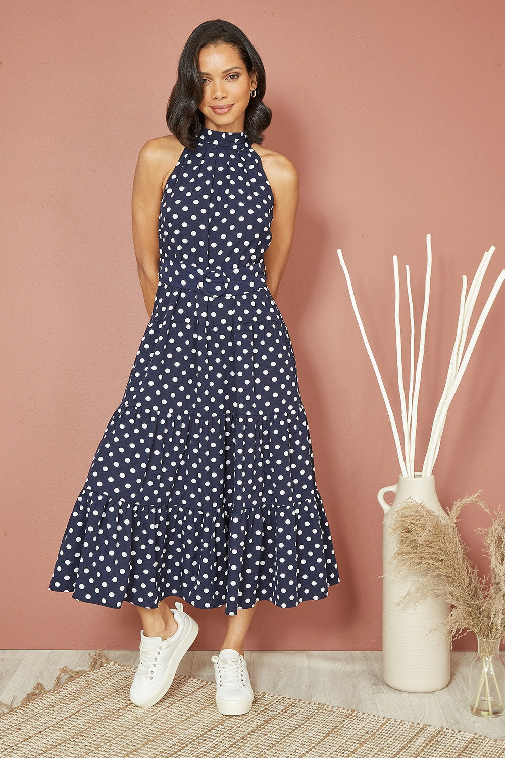 Yumi Navy Spot Print Halter Midi Dress With Matching Belt - QHA UK
