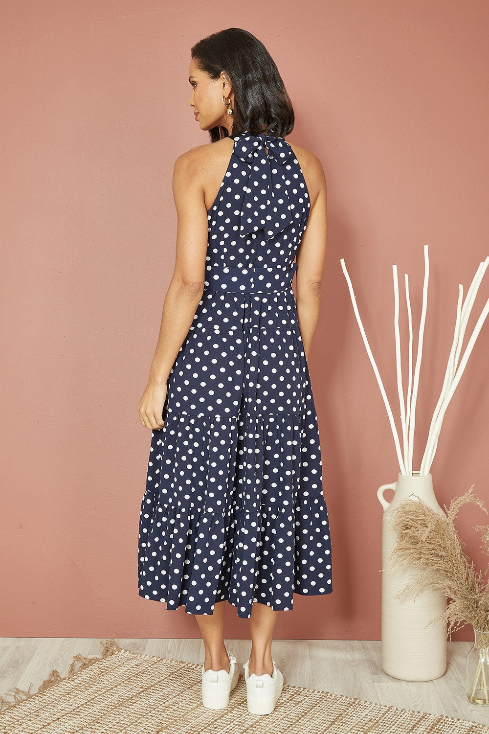 Yumi Navy Spot Print Halter Midi Dress With Matching Belt - QHA UK