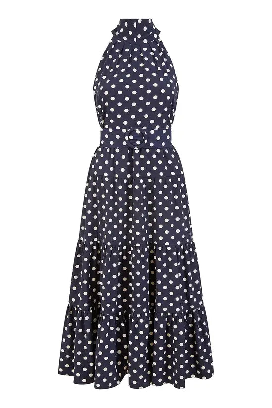 Yumi Navy Spot Print Halter Midi Dress With Matching Belt - QHA UK