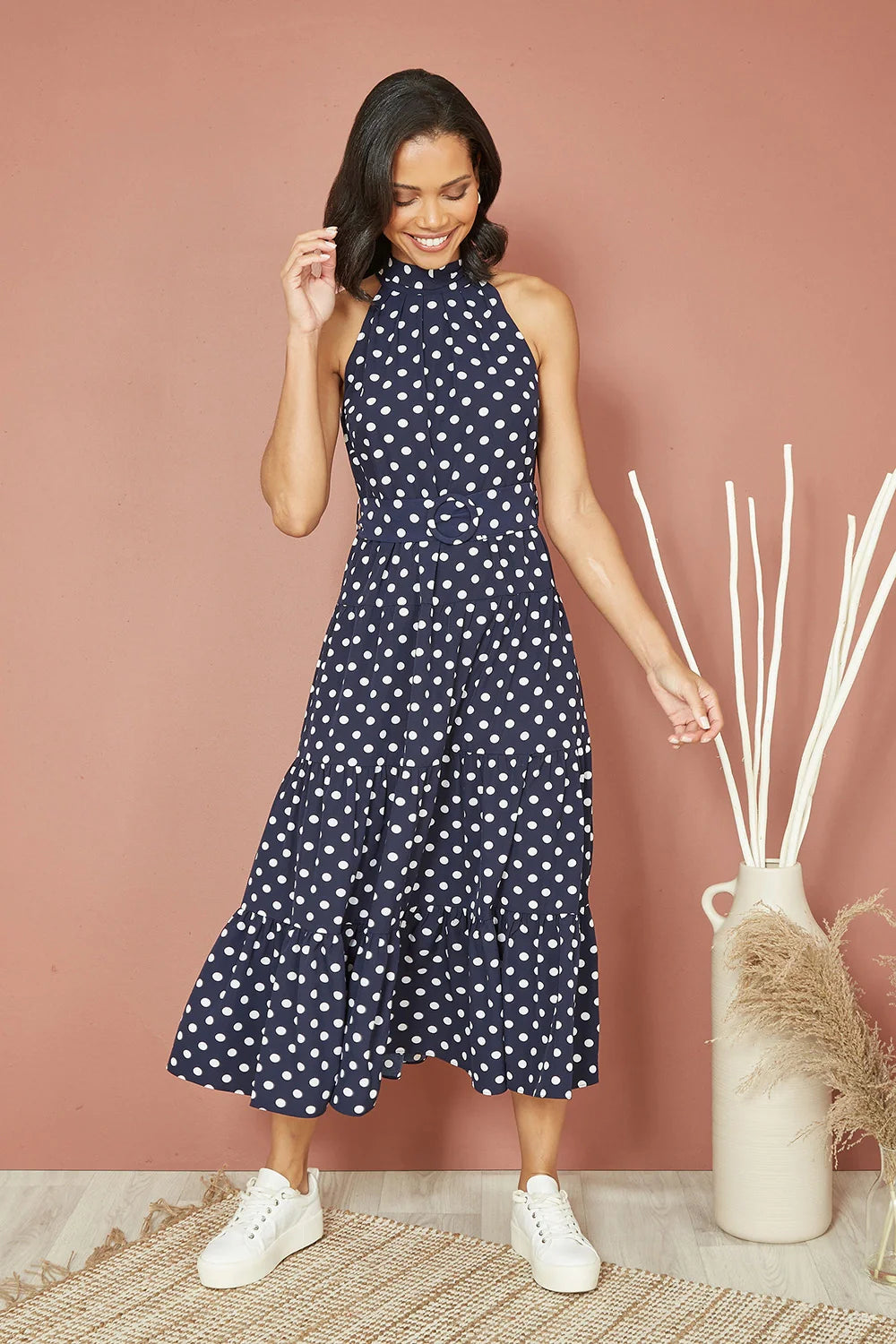 Yumi Navy Spot Print Halter Midi Dress With Matching Belt - QHA UK