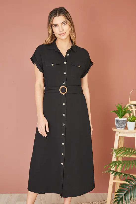 Yumi Black Viscose Linen Look Midi Shirt Dress With Wooden Belt - QHA UK