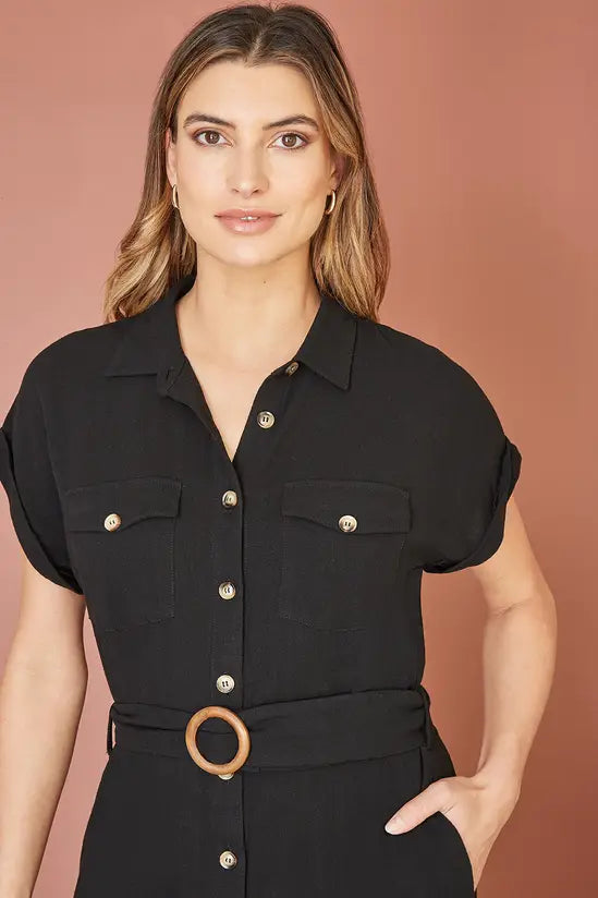 Yumi Black Viscose Linen Look Midi Shirt Dress With Wooden Belt - QHA UK