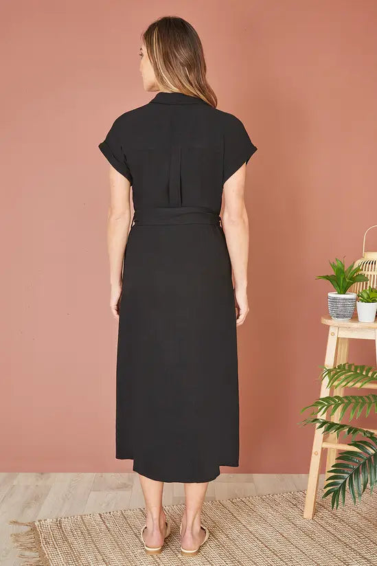 Yumi Black Viscose Linen Look Midi Shirt Dress With Wooden Belt - QHA UK