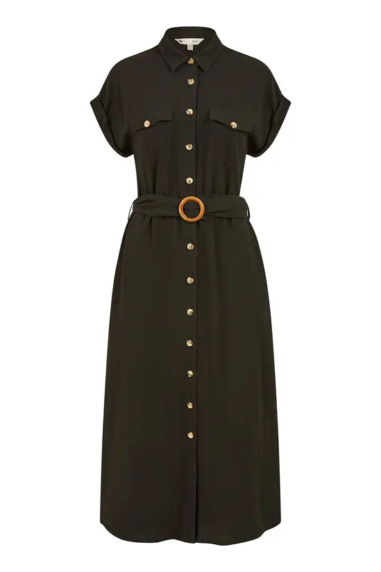 Yumi Black Viscose Linen Look Midi Shirt Dress With Wooden Belt - QHA UK