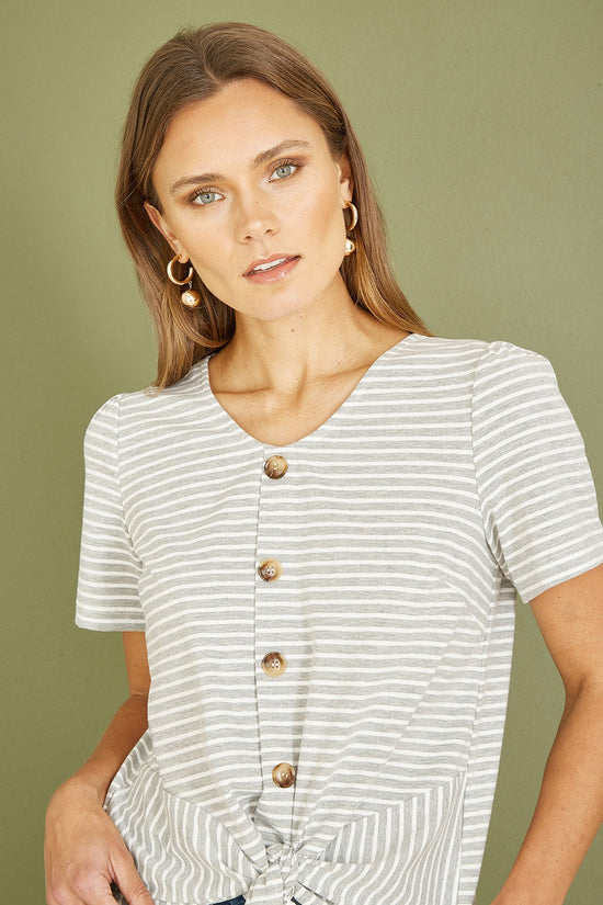 Yumi Grey Striped Jersey Button Detail Top - QHA UK