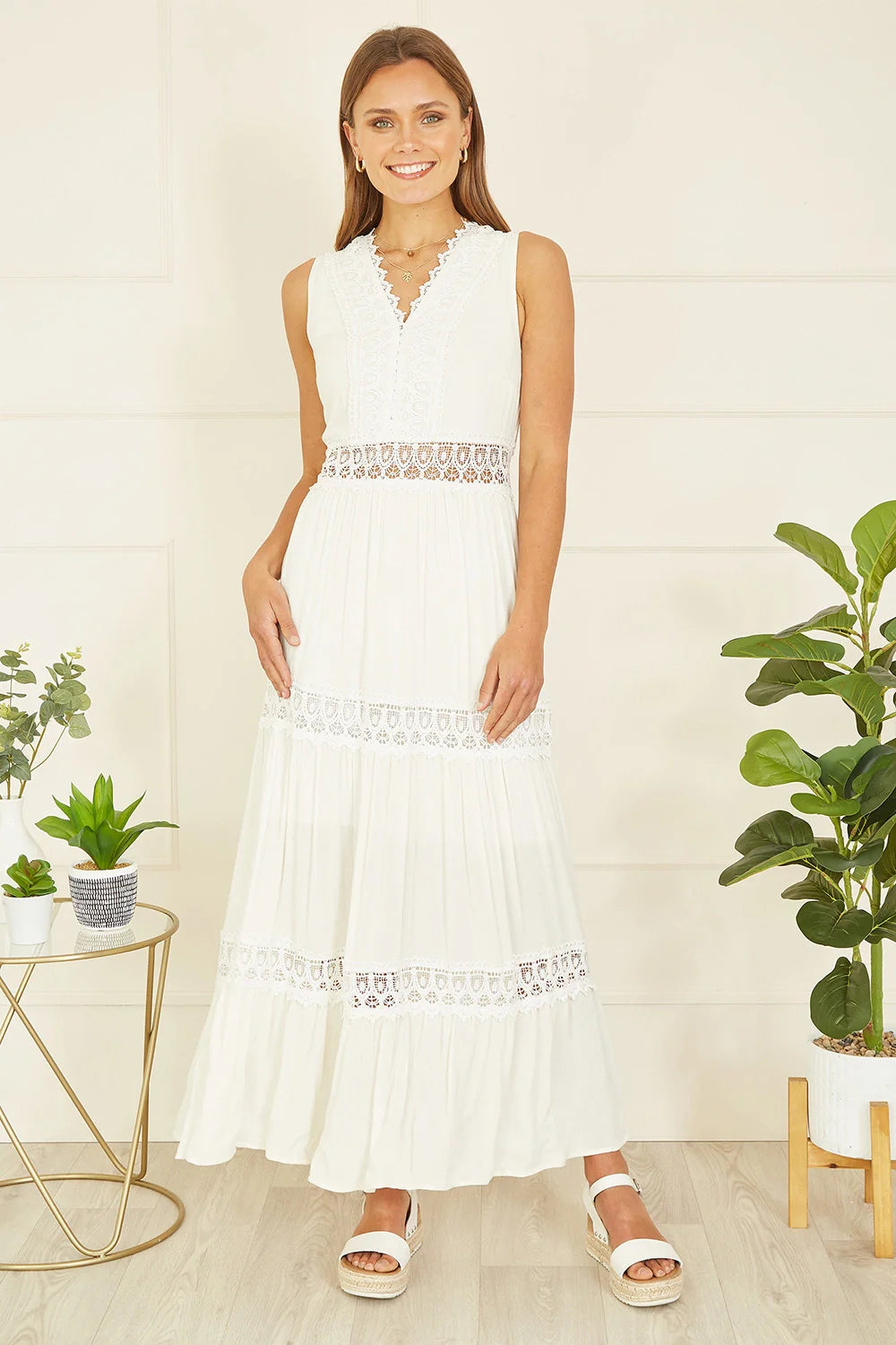 Yumi White Lace Trim Cotton Midi Sun Dress - QHA UK
